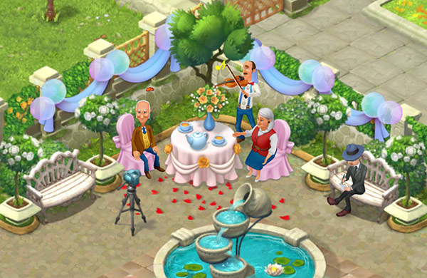 ロマンチックにバルーンや花を飾ったテーブルでお茶を楽しむ両親と、バイオリンを弾くオースティン：ガーデンスケイプ（Gardenscapes）