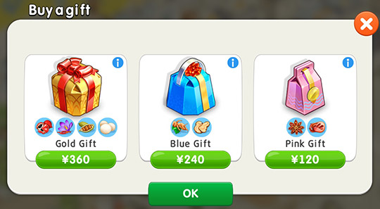 Gold Gift 360円、Blue Gift 240円、Pink Gift 120円 (My Cafe: Recipes & Stories)