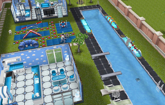 自動プール掃除機を入れた青いプール（The Sims フリープレイ）