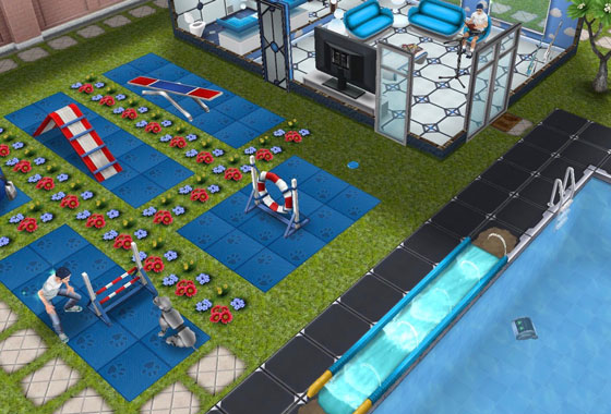 外にいるシムと犬とプールの中から眺める自動プール掃除機（The Sims フリープレイ）