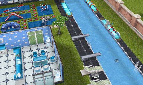自動プール掃除機を入れた青いプール（The Sims フリープレイ）