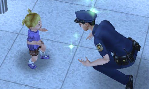 幼児シムに話しかける制服警官シム（The Sims フリープレイ）
