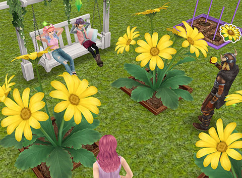 花集めにいそしむシムと、ブランコでゆっくりするシム（The Sims フリープレイ）