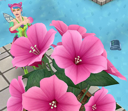 花集めに精を出すティーンシムと、それを見守る自動プール掃除機（The Sims フリープレイ）