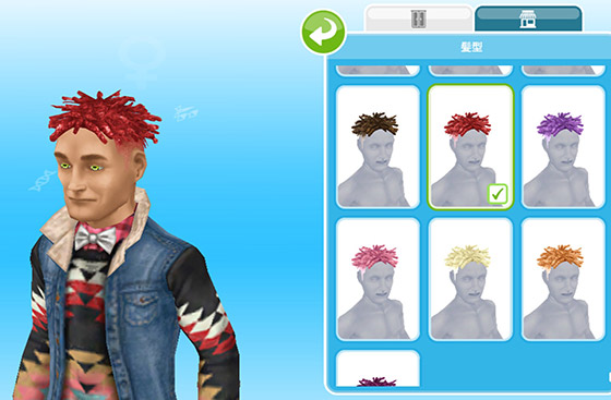 髪型変更画面で、カリスマ理容師ヘアスタイルのショートドレッド赤に着替えた男性シム（The Sims フリープレイ）