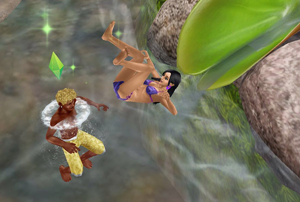 大きな森の滑り台から歓声を上げながら落ちる女性シム。水面では男性シムが待ち受ける（The Sims フリープレイ）