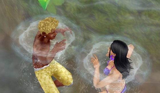 泳ぎながら、水面に顔を出しておしゃべりを楽しむ男女シム（The Sims フリープレイ）