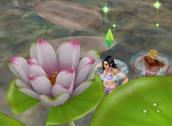 水面に咲く巨大フラワーを泳ぎながら眺める男女シム（The Sims フリープレイ）