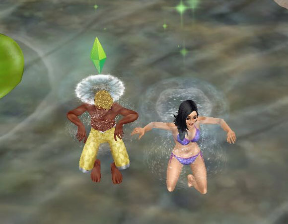 魔法の熱帯雨林の泉（水たまり？）にて、立ち泳ぎで競争する男女シム（The Sims フリープレイ）