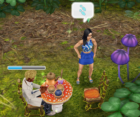 小さなティータイムでお茶会しようとして足止めされる女性シム（The Sims フリープレイ）