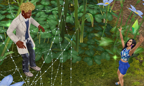クモの巣トランポリンで遊んではしゃぐ男女シム（The Sims フリープレイ）