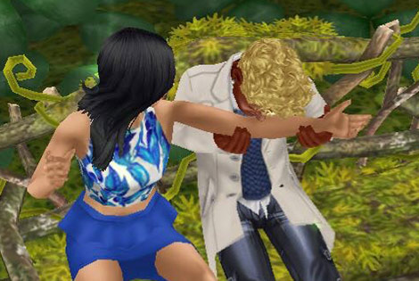 花びらのブランコで、いきなり女性シムの腕に口をつける男性シム（The Sims フリープレイ）