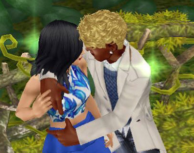 花びらのブランコで、おでこをつけ、超至近距離で見つめ合う男女シム（The Sims フリープレイ）