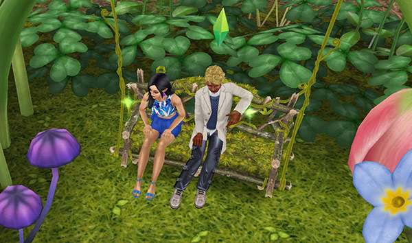 花びらのブランコで、遠慮がちに、女性シムから少し離れて座る男性シム（The Sims フリープレイ）