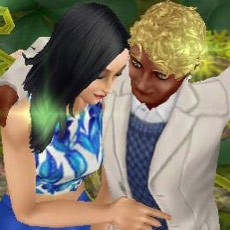 花びらのブランコで、肩を寄せ合い、いい雰囲気の男女シム（The Sims フリープレイ）