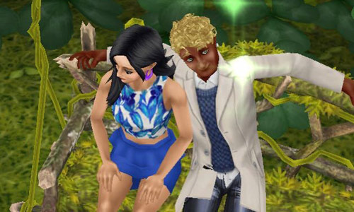 花びらのブランコで、伸びをしたあと、ちゃっかり腕を女性シムの後ろに回す男性シム（The Sims フリープレイ）