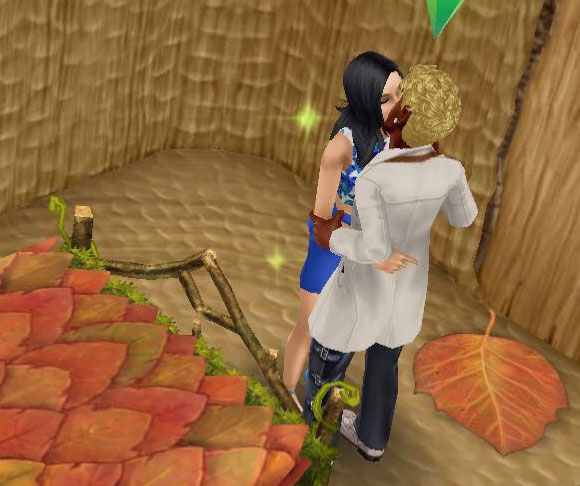 魔法の熱帯雨林の切り株の家の中、ガーデンベッドの前で、キスに夢中になる男女シム（The Sims フリープレイ）