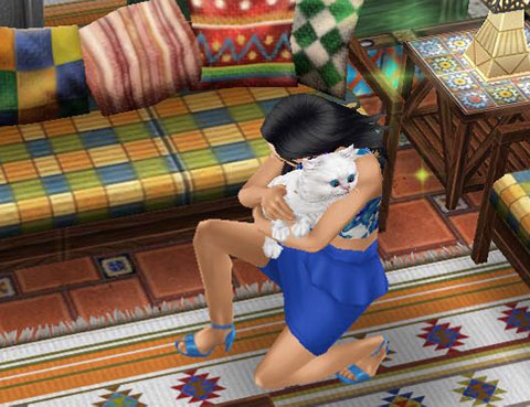 子猫を抱き上げ、頬をすりよせながら、ぎゅっとする女性シム（The Sims フリープレイ）