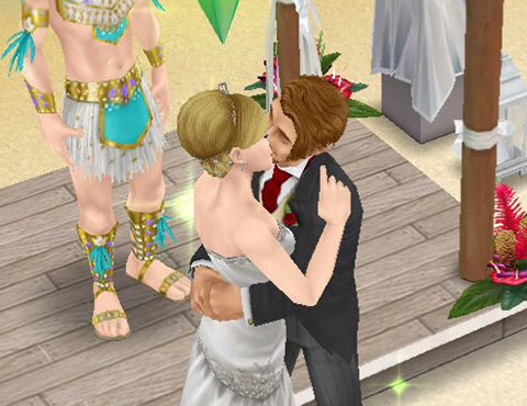 南国ロマンス島の結婚式でキスをする新郎新婦シム（The Sims フリープレイ）