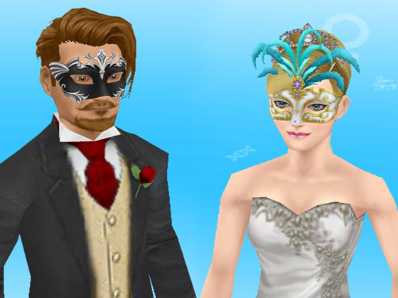 結婚式バンドルのドレスとタキシードに、マルディグラの仮面をつけた男女シム（The Sims フリープレイ）