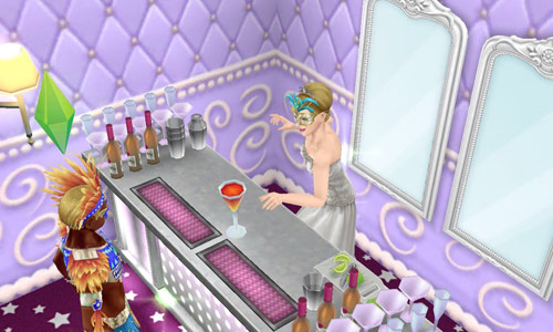 モダンなバーで、カーニバル衣装の男性シムに、カクテルを差し出すウエディングドレス姿の女性シム（The Sims フリープレイ）