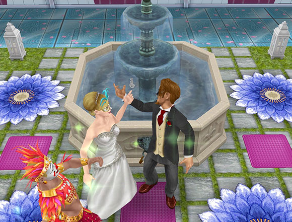 愛の南京錠の噴水に、一緒に鍵を投げ捨てる新婚シム（The Sims フリープレイ）