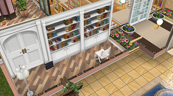 趣のある農家風の床、レ・ドア、白いデリースフロアランプ、グラン・ブラン・ブックス、折りたたみ椅子（白）などをレイアウトした資料室（The Sims フリープレイ）