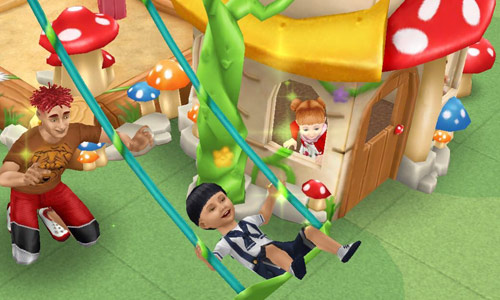 幼児の遊び場で、森のブランコや森のこどもハウスを楽しむシムたち（The Sims フリープレイ）