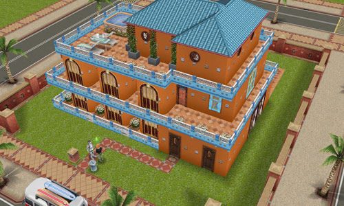 リゾートホテル風のホビーハウス、表の外観（The Sims フリープレイ）
