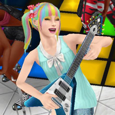 ノリノリでエレキギターを演奏する笑顔のティーン女子シム（The Sims フリープレイ）