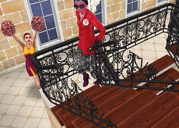 エスカリエ階段を元気にのぼるおばあちゃんシムと、それを応援するチア姿のシム（The Sims フリープレイ）
