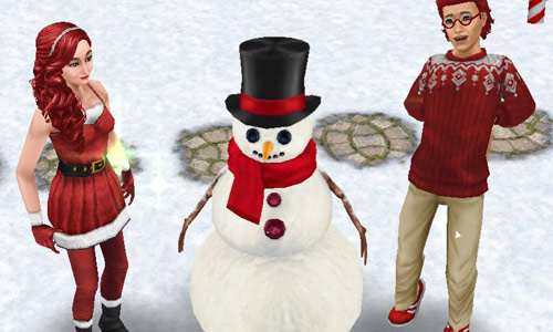雪だるま Mr. フラーリーと、赤いクリスマスファッションのシムたち（The Sims フリープレイ）