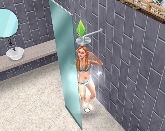 シャレーのシャワーヘッドでシャワーを浴びる女性シム（The Sims フリープレイ）