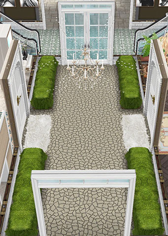 ボタニカル美容サロン、ひび割れ加工の床と垣根の廊下（The Sims フリープレイ）