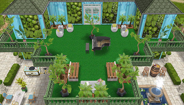 ピアノのある芝生広場バルコニー：ボタニカル美容サロン２階（The Sims フリープレイ）
