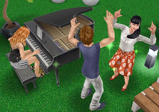 芝生広場でピアノを弾いたり踊ったりして楽しむシムたち（The Sims フリープレイ）