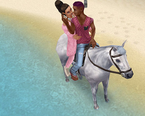 プライベートアイランドで、プリムと乗馬デートをするシム（The Sims フリープレイ）