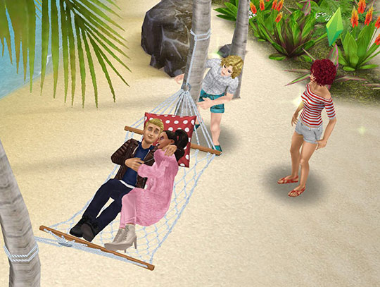 プリムと超人気俳優ブライアンのデートを尾行する男性シムを見て固まる女性シム（The Sims フリープレイ）