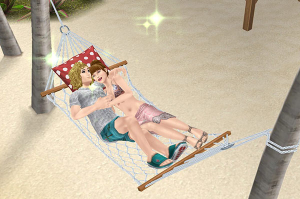 プライベートアイランドのハンモックでリラックスする男女シム（The Sims フリープレイ）