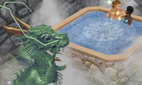 龍の棲まう洞窟温泉で入浴を楽しむ男女シム（The Sims フリープレイ）