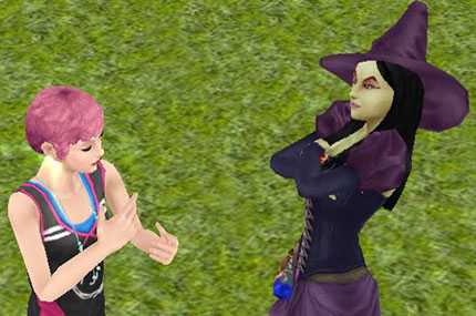 不機嫌な魔女バーバラ・ヤーガと話すシム（The Sims フリープレイ）