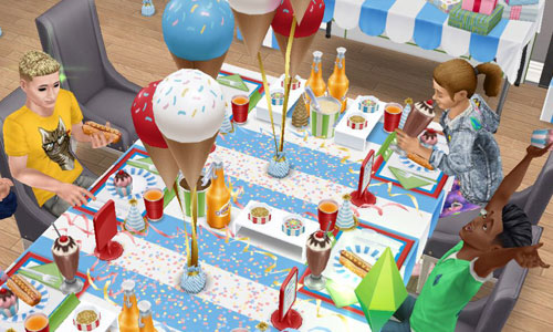パーティーテーブルで賑やかに食事するシムたち（The Sims フリープレイ）