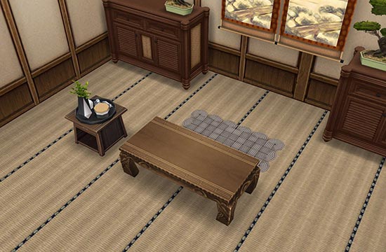 座卓、座布団、煙管盆があるように見える畳の部屋（The Sims フリープレイ）