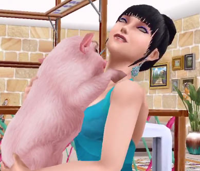 ARモード：ミニブタを抱いて喜ぶ、灰目のシム（The Sims フリープレイ）