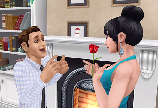ARモード：「ロマンチックにバラをあげる」アクションを楽しむ男女シム（The Sims フリープレイ）