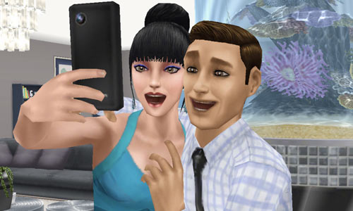 ARモードで「ロマンチックな自撮り」を楽しむ男女シム（The Sims フリープレイ）