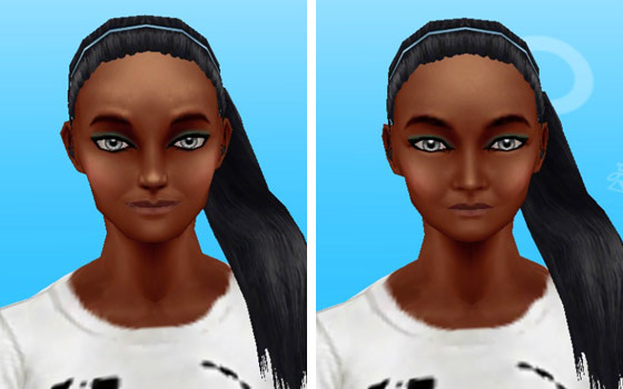 趣味賞品メイクアップスタイル５を装着した女性シム顔アップ：黒人肌（The Sims フリープレイ）