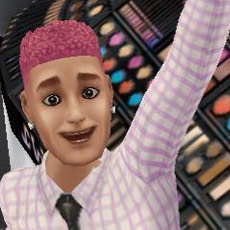 メイクアップコーナーで腕を上げて喜ぶ、アイメイクした男性シム（The Sims フリープレイ）