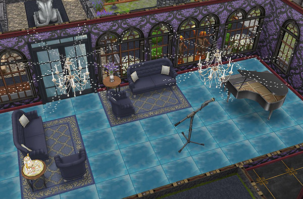 ゴーストハウス：シャンデリアで飾られたピアノホール（The Sims フリープレイ）