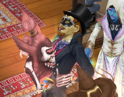 ゴースト・グーリオとハグするドラキュラ仮装の男性シム（The Sims フリープレイ）